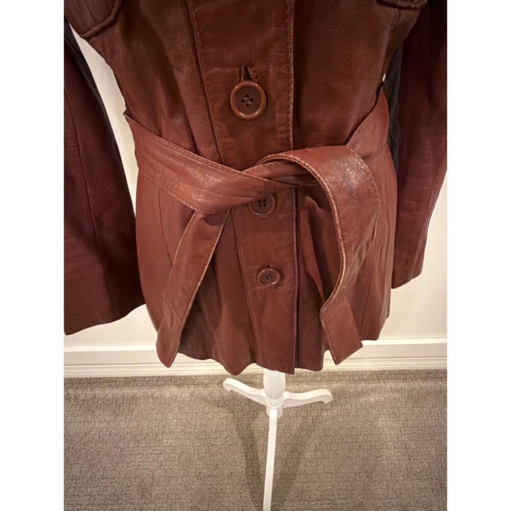 Vintage 70s Le Soleil Genuine Leather Jacket 7/8 Brown Belted Safari Coat - Picture 7 of 14